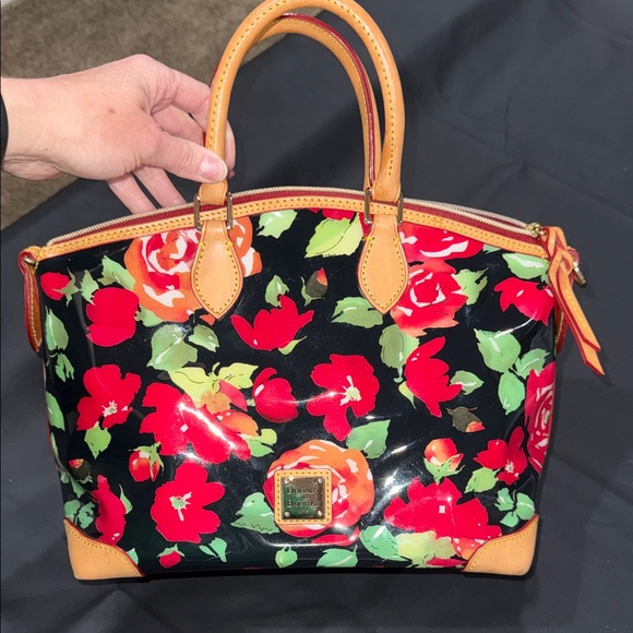 Dooney & Bourke Garden Rose Black Floral Polyvinyl Satchel with Tan Trim - Picture 3 of 8